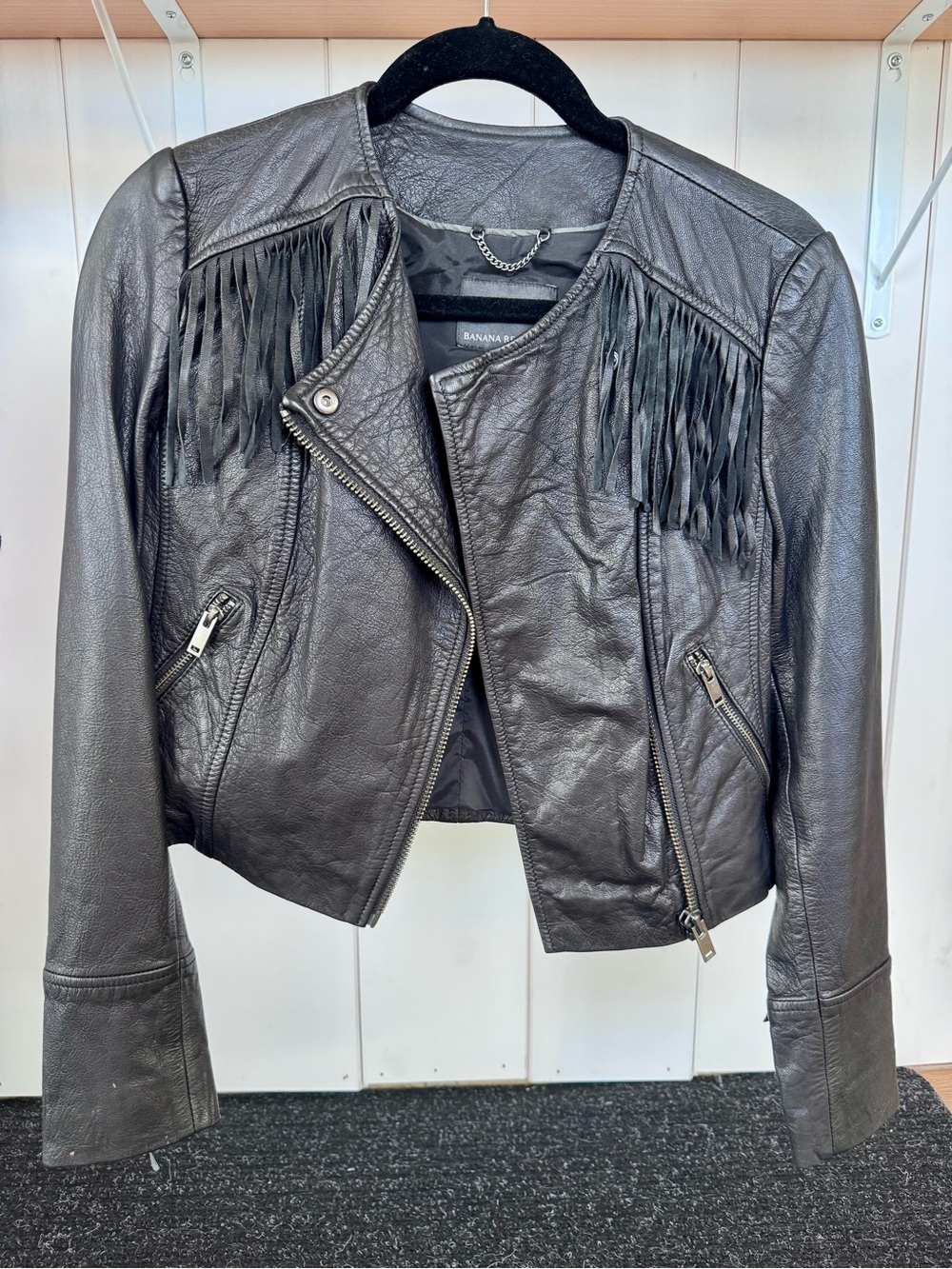 Vintage Banana Republic Black Fringe Leather Moto Jacket